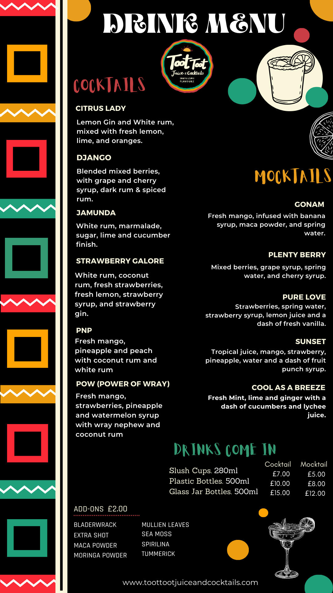 Toot Toot Juice & Cocktails Cocktail Menu